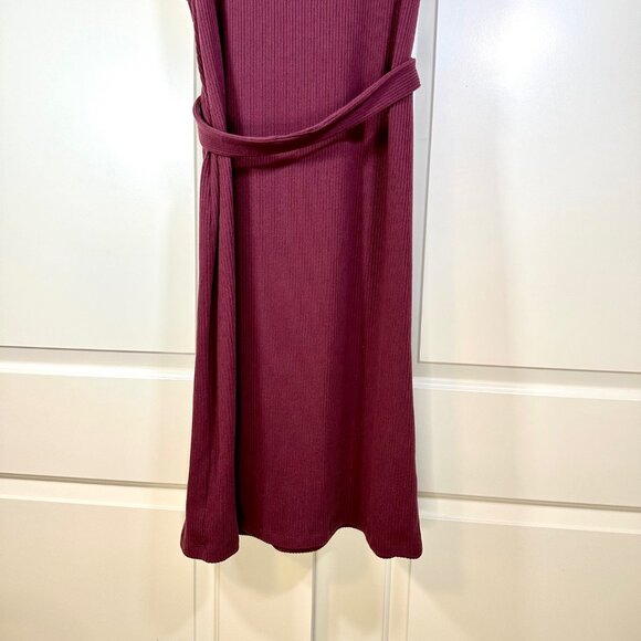 Burgundy Ribbed Knit V-Neck Short Sleeves Tie Waist Midi Dress XL - Picture 3 of 11